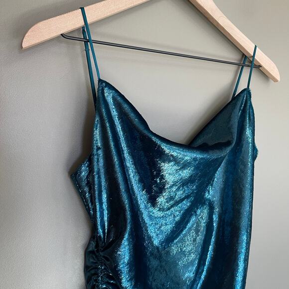 CINQ A SEPT Shiny Astrid Dress Teal Topaz Size 2 Metallic Bodycon Mini Sexy Chic - Picture 9 of 16